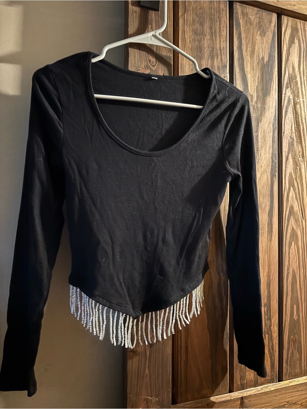 Black Long Sleeve Scoop Neck Crop Top with sparkly fringe